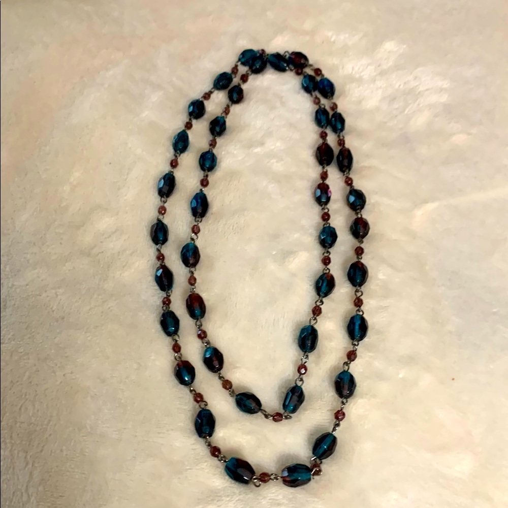 Iridescent Blue and Red 36 Inch Beaded Necklace